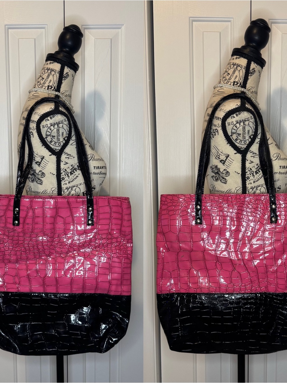 Vintage Pink and Black Croc-Embossed Patent Tote
